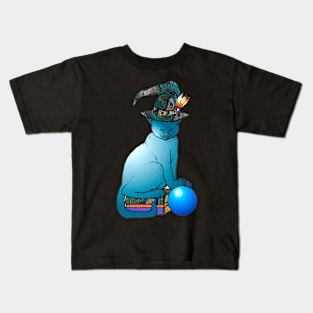 Blue witches cat with crystal ball and books Kids T-Shirt